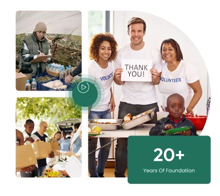 Volunteers packing food parcels and a family holding a Thank You sign, marking over 20 years of foundation work