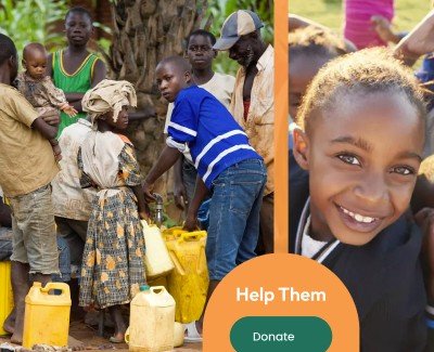 Community members collecting clean water from a newly built water point, alongside a smiling child